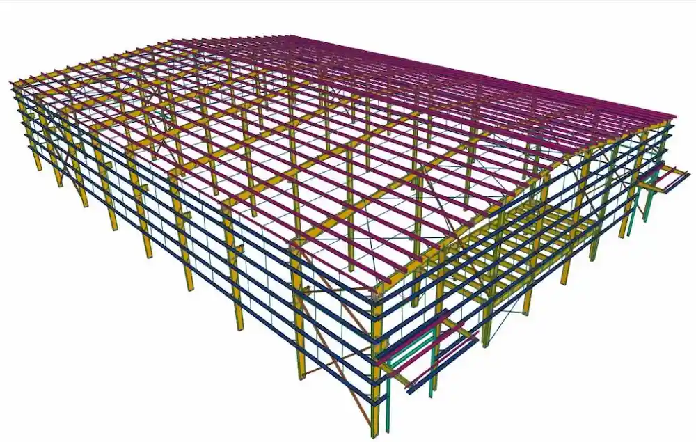 Detailed 3D structural CAD model of an industrial process skid system featuring heat exchangers, interconnected pipelines, and access stairways