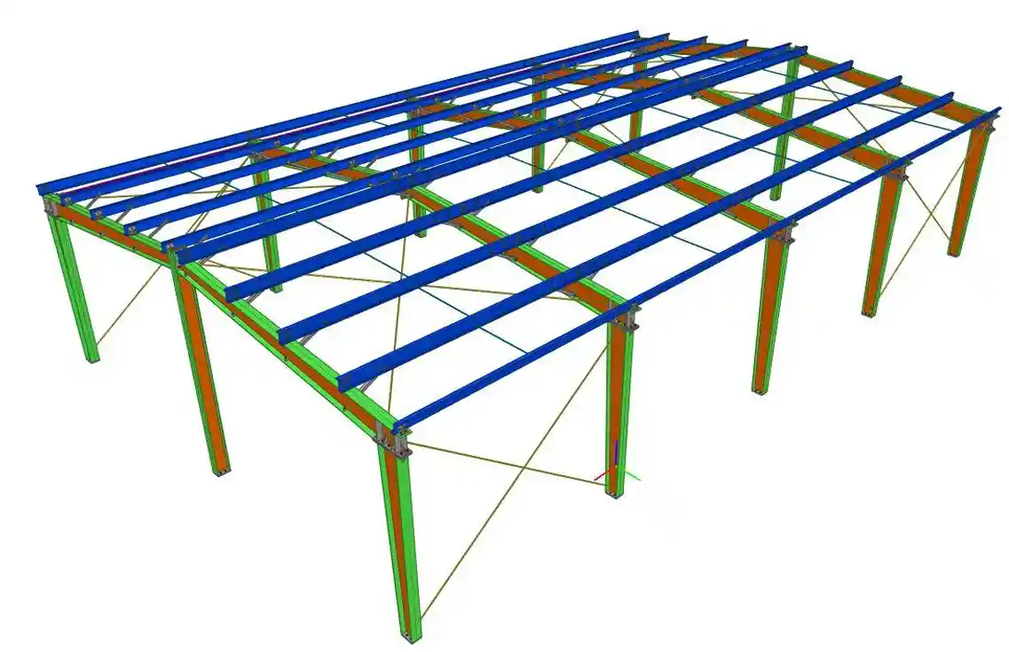 3D engineering layout model of an industrial pump house structure integrated with an external exhaust chimney and color-coded chemical processing lines