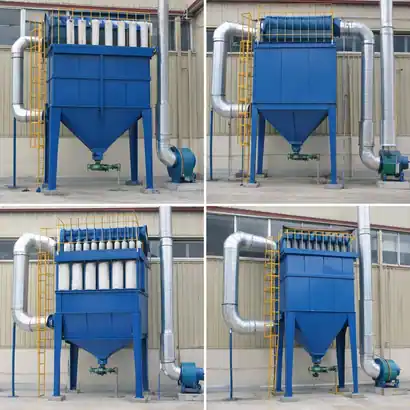 Four views of a blue compact industrial baghouse dust collector with outdoor piping, hopper bottom, and support legs
