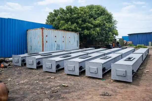 A line of newly fabricated gray drag chain feeder conveyor units lined up outside an industrial warehouse
