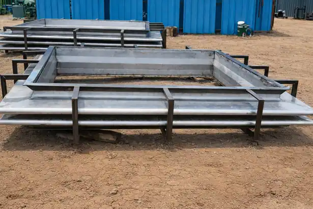 Stack of large, heavy-duty rectangular metallic expansion bellows with external bracing in an outdoor industrial yard