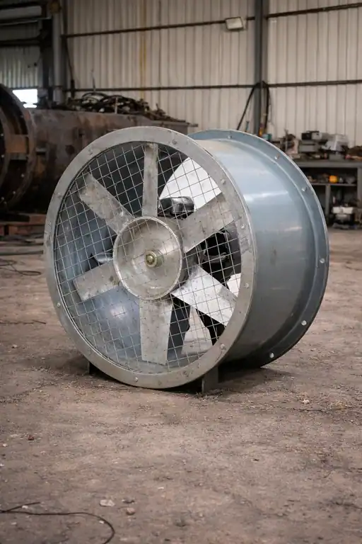 Heavy duty gray industrial axial ventilation fan with multi-blade impeller and perforated front flange