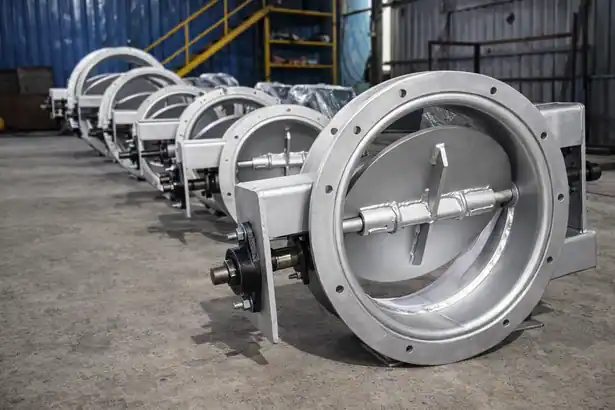 A line of fabricated circular industrial butterfly dampers with central rotating discs ready for shipment