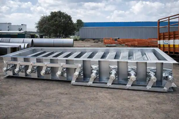 Large rectangular multi-louvre industrial damper with connected external linkage bars on a workshop floor