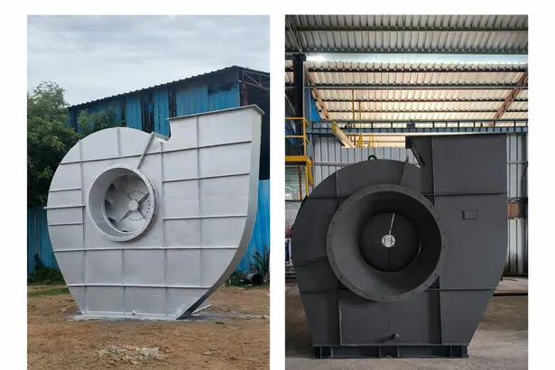 Front view of a dark gray and light gray heavy-duty process fan housing with central air inlet section