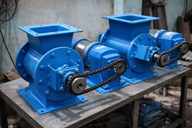 Close-up view of two blue heavy-duty rotary airlock feeder valves showing the square inlet flange and chain drive mechanism