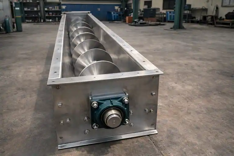 Long stainless steel helical screw feeder conveyor with an open trough design and end-bearing block housing