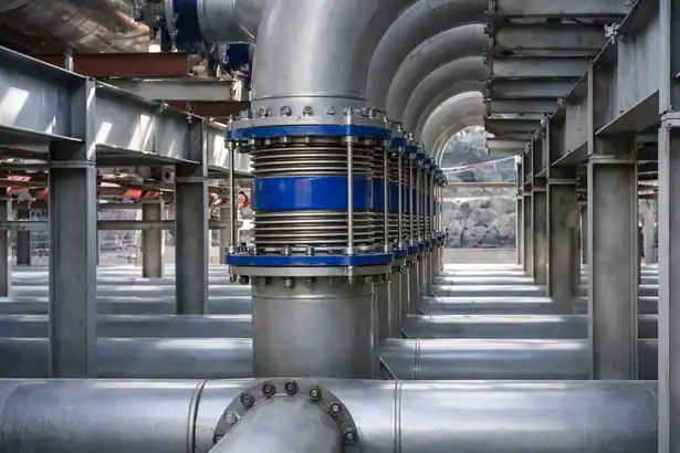 A circular metallic expansion bellows with bright blue flanges installed on a complex silver industrial pipeline manifold