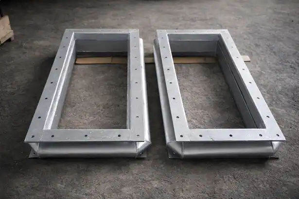 Two newly fabricated rectangular metallic expansion joints with drilled bolt holes sitting on a workshop floor