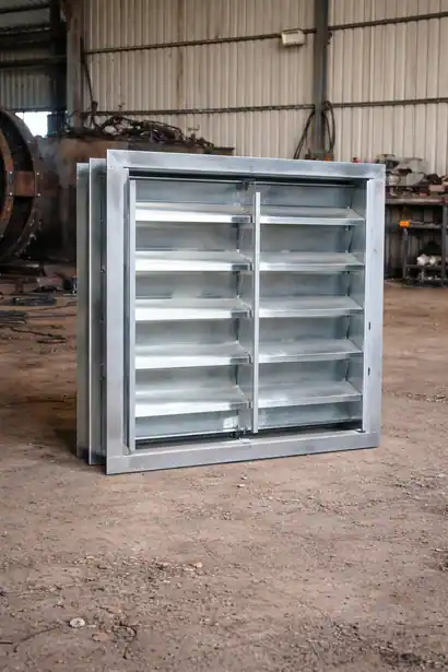 Standalone square industrial backdraft damper with horizontal parallel louvre blades in a steel frame