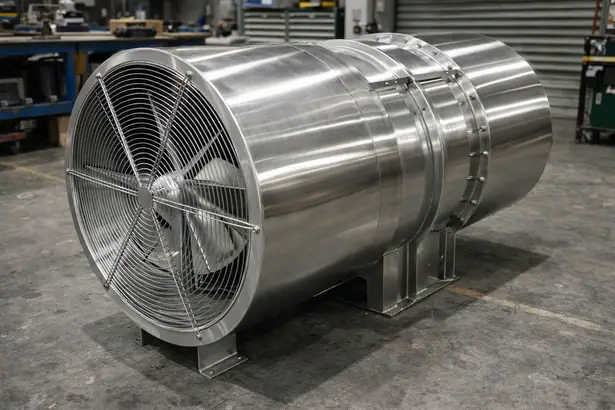 High finish stainless steel inline duct axial fan with protective front wire grill guard