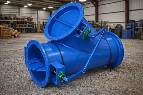 Bright blue painted industrial three-way diverter damper valve with manual lever mechanism on a workshop floor